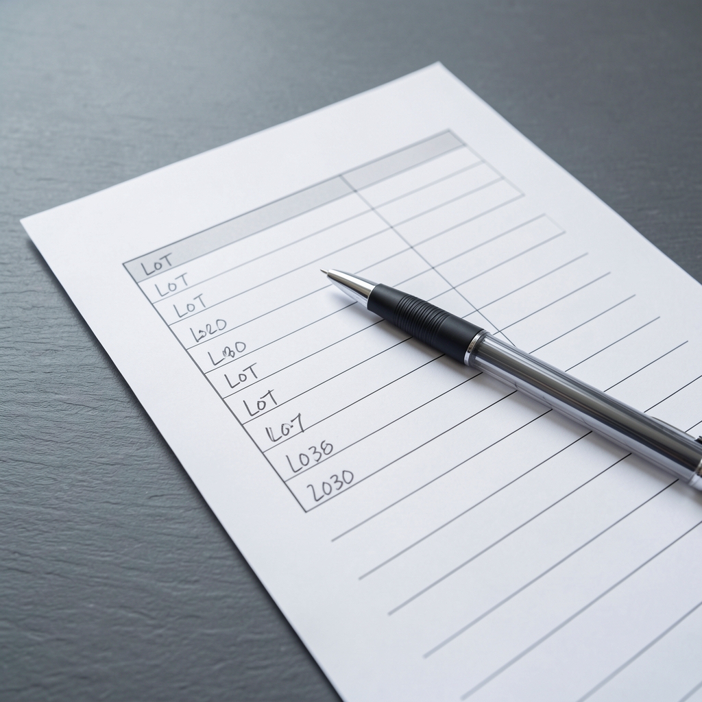 Close-up of a batch record document with handwritten lot numbers, a pen resting across the page on a slate grey desk