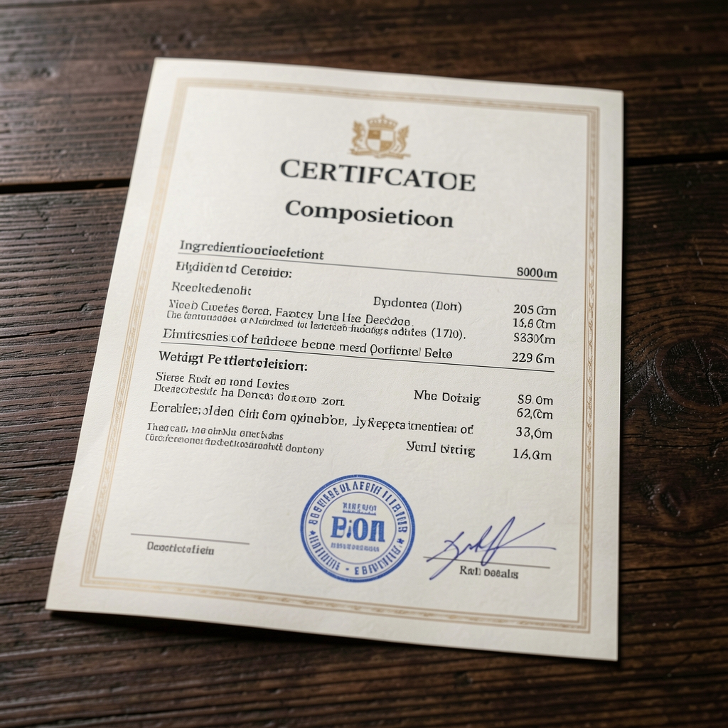 Close-up of certificate of composition document with official stamp, ingredient concentrations visible, resting on a dark wood surface