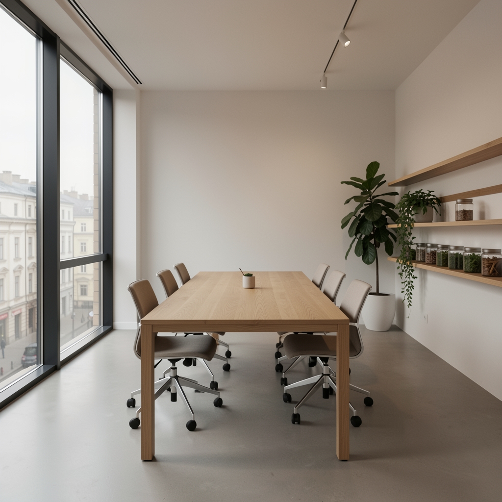 Wide shot of a minimalist Warsaw office interior with floor-to-ceiling windows, wooden meeting table and botanical supplement jars displayed on a shelf