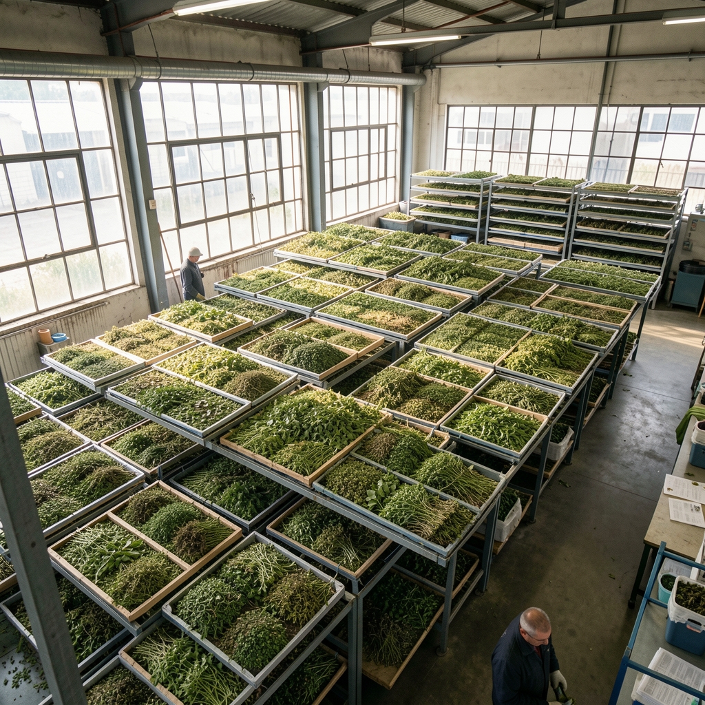Aerial view of a botanical drying facility with racks of herbs laid flat, a worker in the background and natural overhead light entering through industrial windows