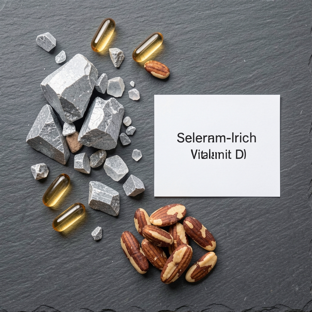 Flat-lay of zinc mineral fragments, vitamin D capsules and selenium-rich brazil nuts arranged on a slate grey surface with scientific notation card