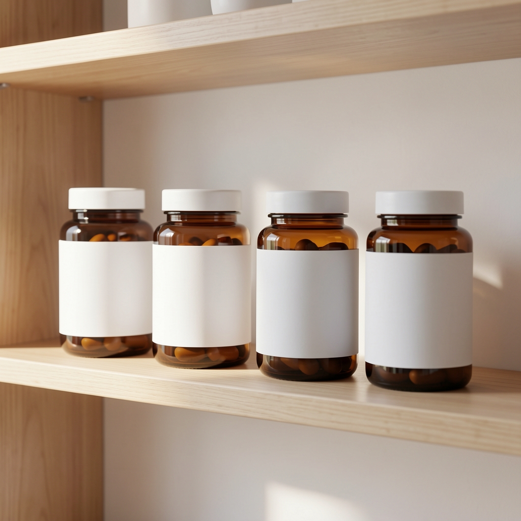 Row of four identical amber glass supplement jars with minimalist white labels on a clean wooden shelf with soft natural daylight from the left