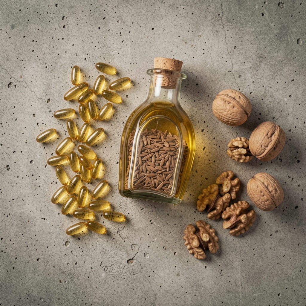 Overhead view of omega-3 fish oil capsules, flaxseed oil in glass bottle and walnuts arranged in studied composition on rough concrete surface