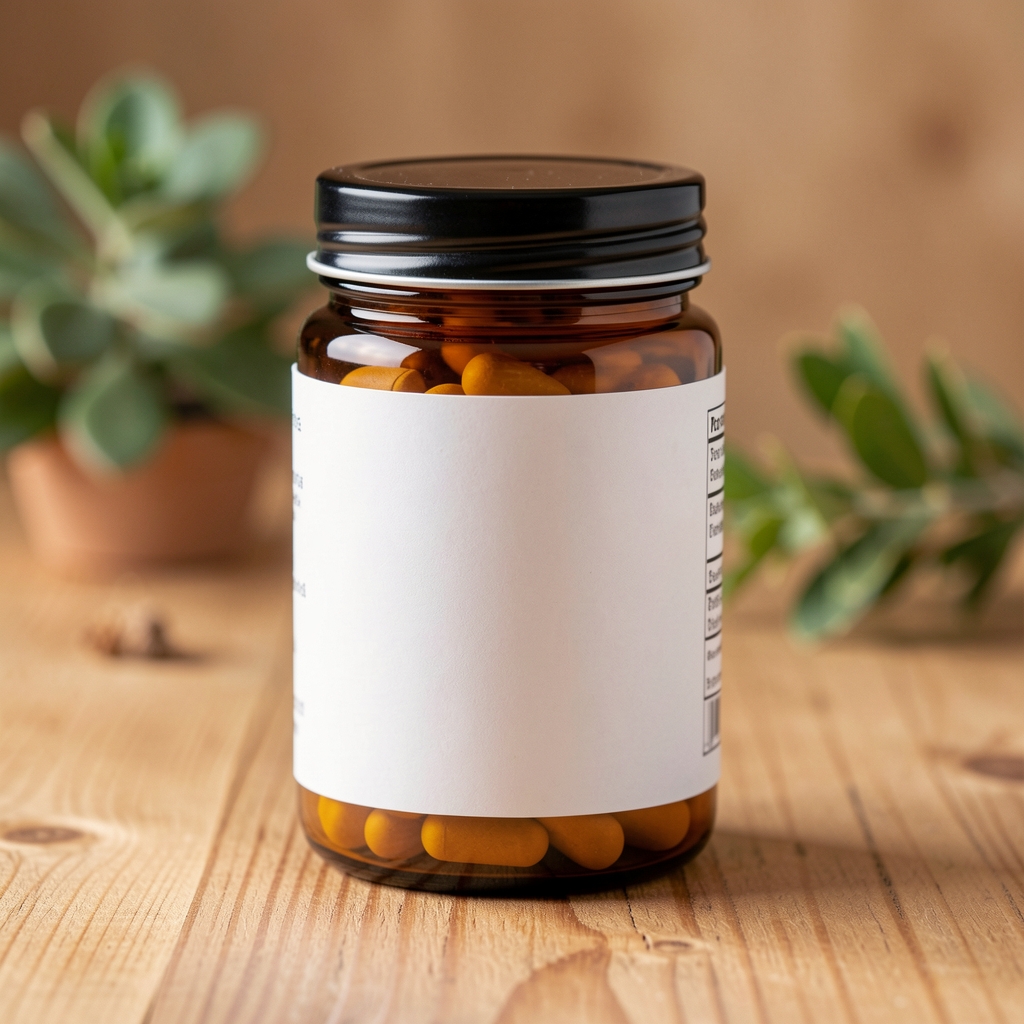 Close-up product shot of sealed amber supplement jar with white typographic label on natural wood surface with blurred botanical elements in background