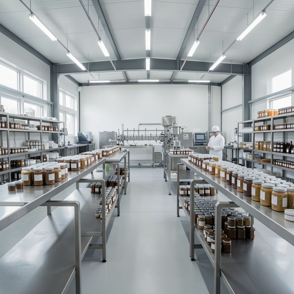 Wide view of a minimalist warehouse-style production space with stainless steel surfaces, supplement jars in rows, and a technician in the background under bright studio lighting