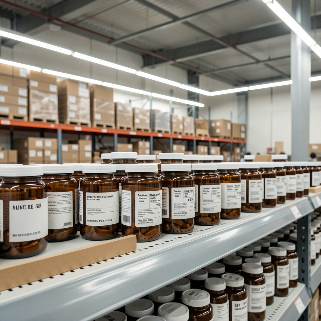 Row of sealed amber supplement jars with white label batch codes on a warehouse shelf, clean and organised under fluorescent lighting